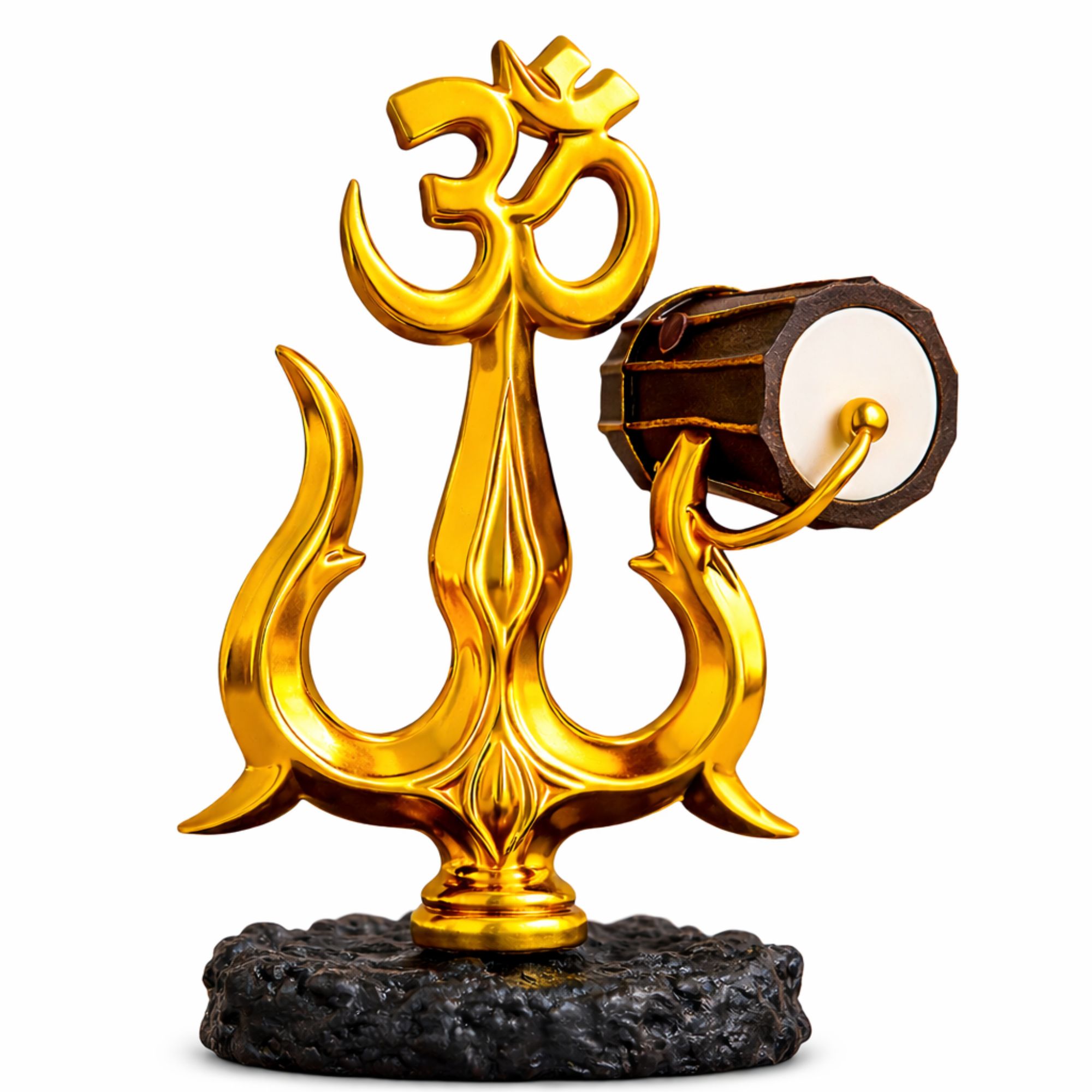 Om Symbol Showpiece with Damru – Gold Finish | Spiritual Home & Car Decor