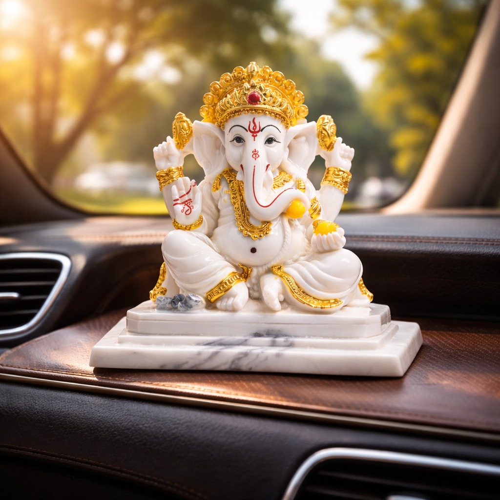Lord Ganesha Idol – White & Gold | Compact Spiritual Decor