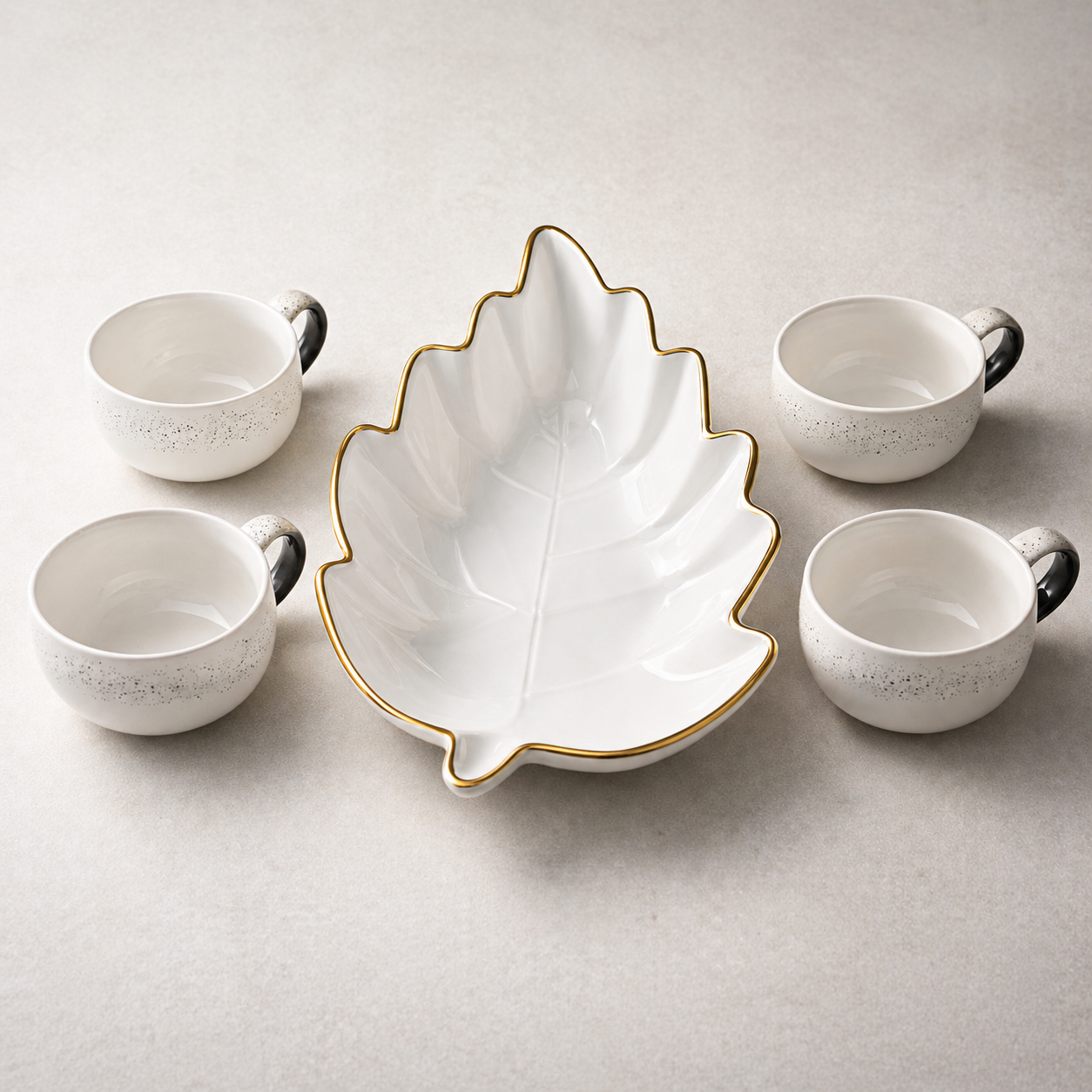 Premium Leaf Shape Snack Serving Set with 4 Cups – Ceramic Dry Fruit & Namkeen Platter (White & Gold)