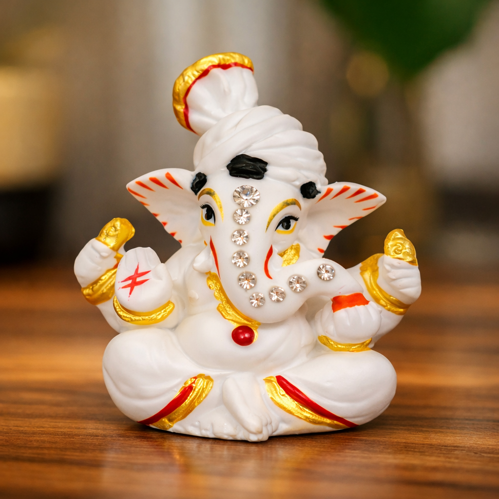 Lord Ganesha Idol – White & Gold | Car Dashboard & Home Decor