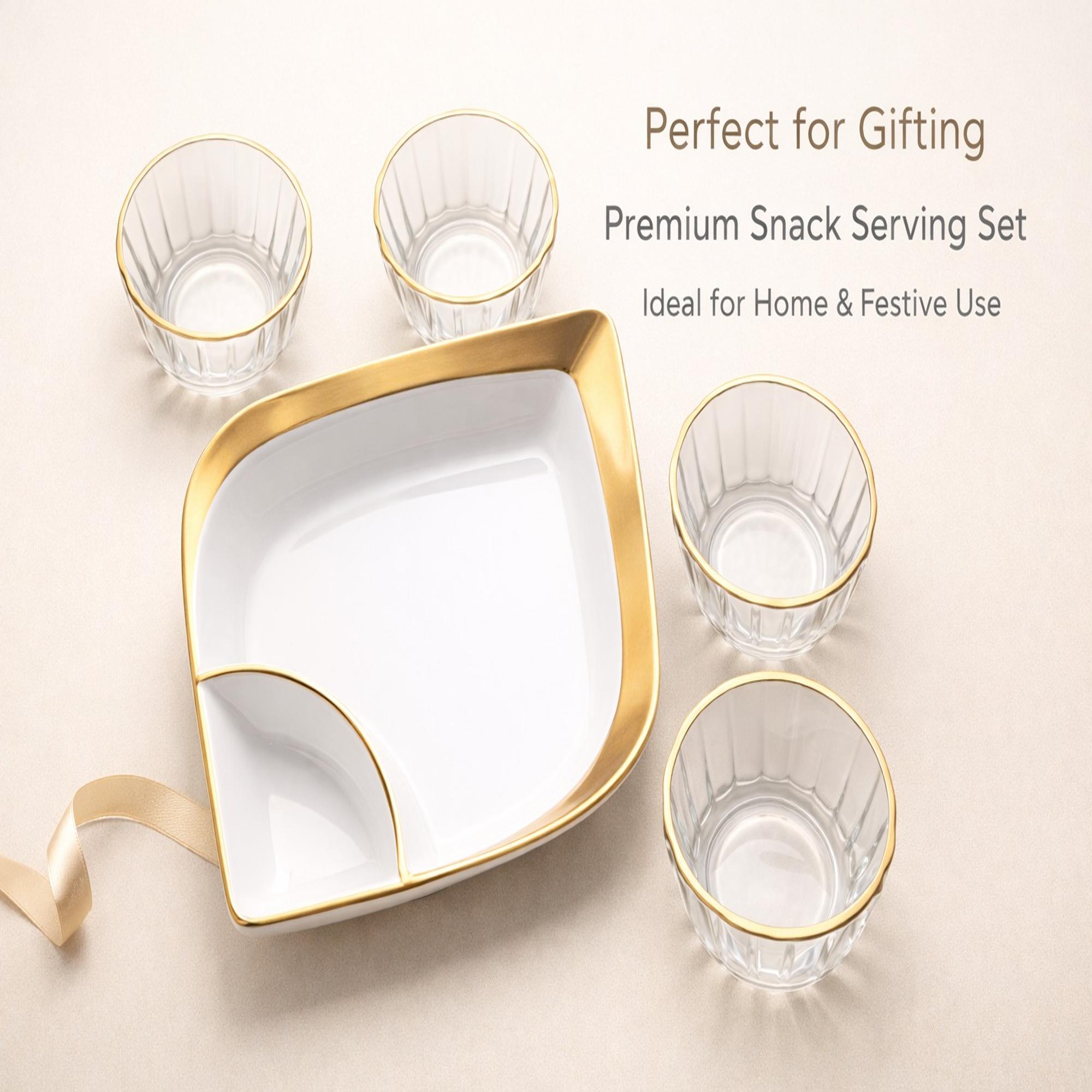 Luxury Snack Serving Tray Set with Glass Bowls (Gold Finish)